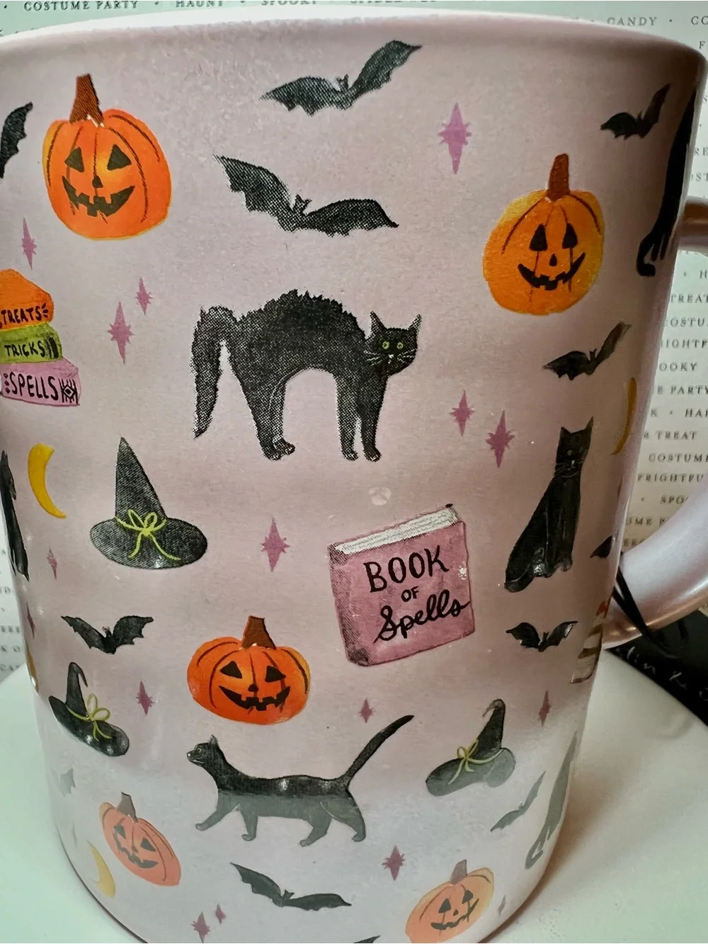 Halloween Black Cats & Books Ceramic Mug Lavender Pearl Bats Witch Hat Spells
